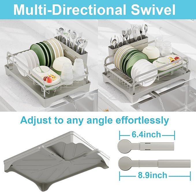 HOMEBOSILY Dish Drying Rack - Space-Saving Dish Rack,Dish Racks for Kitchen Counter with Drainboard,Rustproof Countertop Dish Drainer with Utensil Holder for Sink Grey