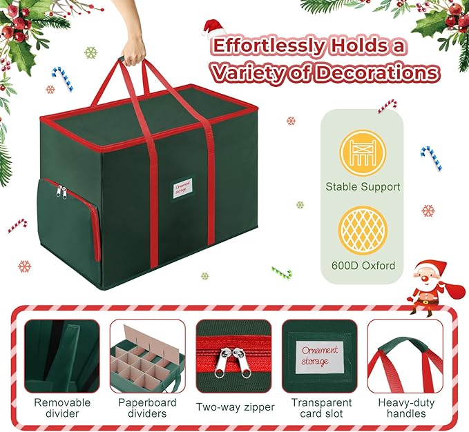 Premium 2-in-1 Large Christmas Ornament Storage Box & Xmas Figurine Container, Nutcracker Storage with Adjustable Dividers,5 Separate Trays Keep 73 Holiday Ornaments, 600D Tear-Proof Oxford, Foldable