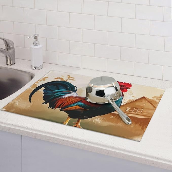 Indokyeyqaz Retro Rooster Dish Drying Mat for Kitchen Counter Absorbent Microfiber Drying Mat Reusable Washable 18x24 Inch Large Dish Mats For Drying Dishes