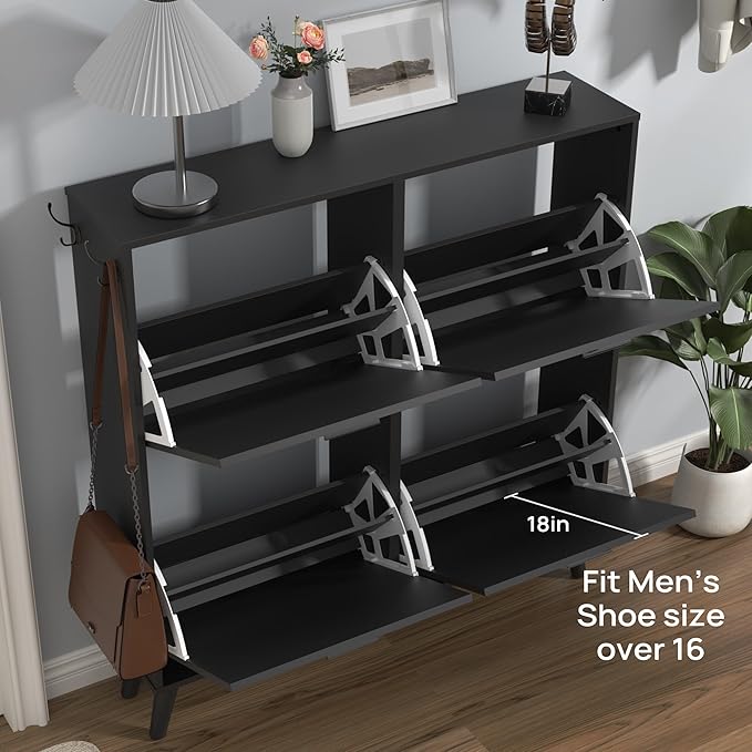 Black Large Shoe Cabinet fit up to Shoe Size 16, Freestanding Shoe Organizer with 4 Flip Drawers, Narrow Wooden Shoe Rack for Entryway, Closet, Living Room