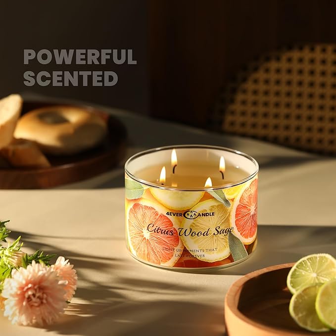 4EVER Scented Candles | 4-Wick 18oz Soy Wax Candle | Up to 50Hrs Clean Burn | Aromatherapy Candles for Home Scented | Gifts for Women & Mom, Citrus Wood Sage