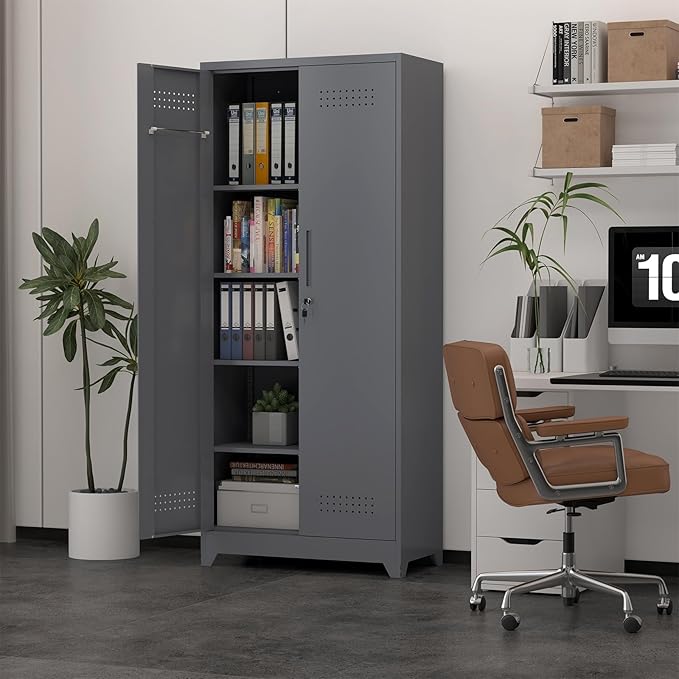 72.8" H Metal Garage Storage Cabinets, Metal Storage Cabinet with Hanging Rod & S-Hooks, Broom Closet Storage with Shelves, Functional Storage Cabinets for Garage, Warehouse, Grey