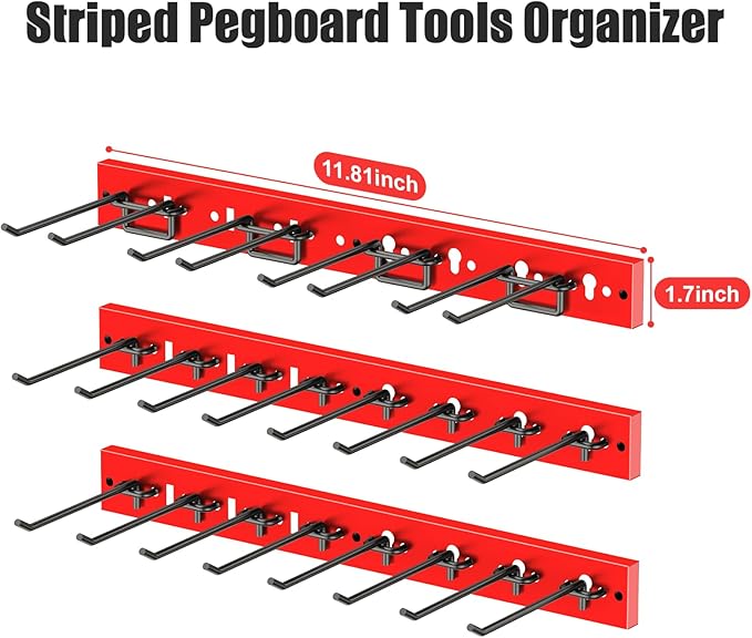 CCCEI 3 Modular Pegboard Strip Storage, Metal Peg Slat Wall Mount for Garage, Basement, Garden, Laundry Room Organization. Flexible Tool Organizer for Rake, Shovels, Crafting. Gifts for Men, Red.