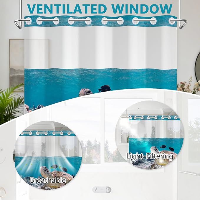No Hook Shower Curtain and Liner Set, Washable Shower Curtain Liner & Ventilation Window, Water Repellent Bath Curtain Features Realistic-Style Sea Turtle Pattern, Bathroom Essentials, 71x74 Inch