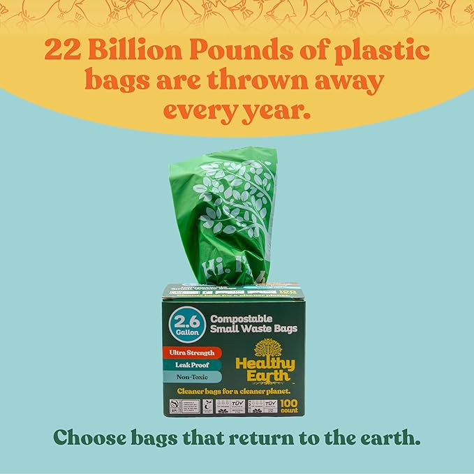 Healthy Earth 2.6 Gallon Compostable Trash Bags – 100 Count Small Trash & Kitchen Compost Bags for Countertop Bins, Extra Thick Plant-Based Food Scrap Liners, BPI & TÜV Certified ASTM D6400