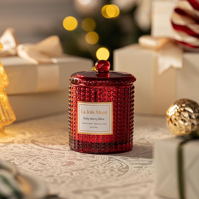 LA JOLIE MUSE Ruby Berry Bliss Scented Candle| Mandarin, Cranberry & Plum | 10 oz Festive Candle | 55 Hours Clean Burn | Valentines Day Gifts for Her | Elegant Home Decor
