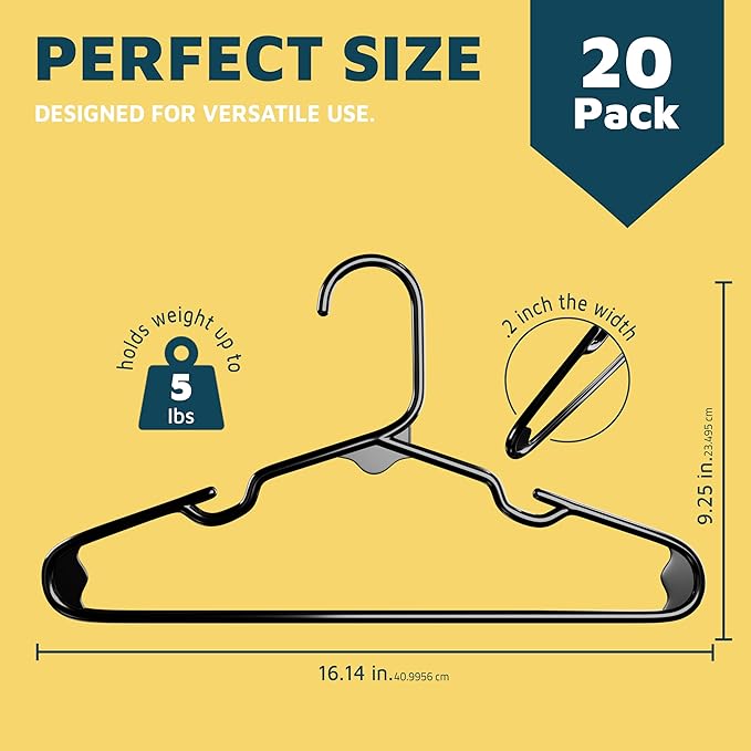 Lifemaster Plastic Kids Clothes Hanger – Children Clothes Hanger with Shoulder Notch, 11.6 Inch Space-Saving Closet Organizer for Baby, Toddler, and Kids Clothing, Hold Up to 5 lbs, Pack of 20, Black