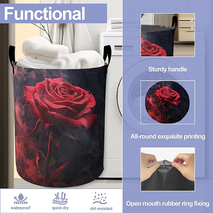 Laundry Basket-Red Roses Foldable Waterproof Oxford Cloth Funny Tote Bag Laundry Hamper Clothes Storage Bucket Organizer For Bathroom/Laundry Storage/Bedroom Storage Basket