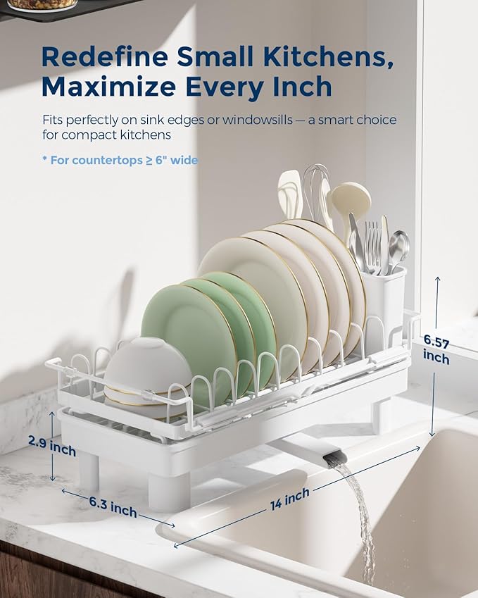 Nacial 2-in-1 Small Dish Drying Rack Fits 14''–21.8'' Sink, Dish Drainers for Kitchen Counter Extend Kitchen Sink Drain Basket with Utensil Holder & Auto-Drain Tray, Stainless Steel Plate Rack, White
