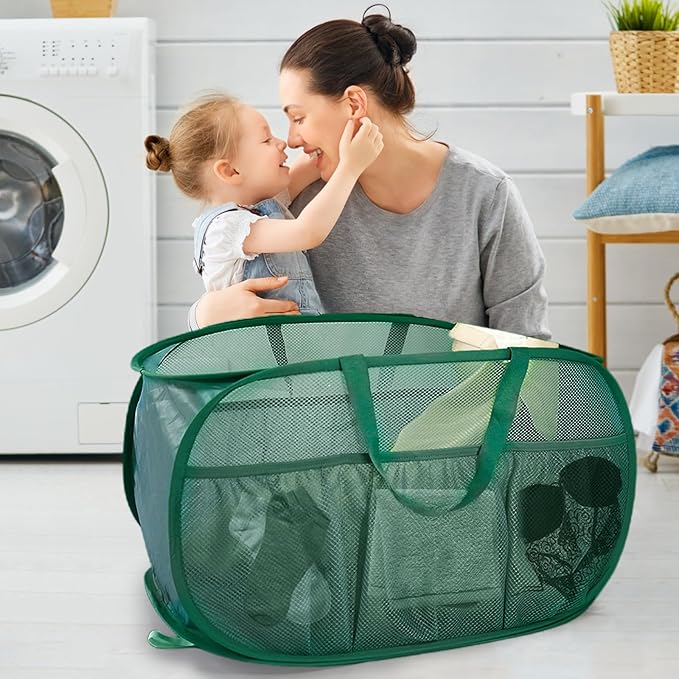 Collapsible Laundry Baskets, Upgrade Pop Up Laundry Hamper with Convenient Bags, Foldable Laundry Basket Mesh Light Weight, Easy to Carry Clothes Hampers for Laundry, Dorm, Toys, Travel Green