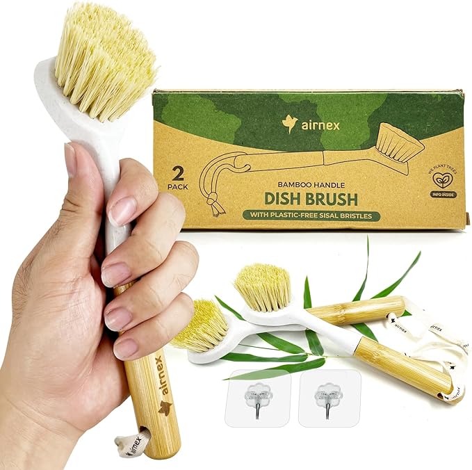 AIRNEX Bamboo Dish Brush Set of 2 - Dishwasher Brush w/Handle Made of Wheat Straw & Sisal Bristles - Non Scratch Kitchen Scrub Brush for Dishes, Pots & Pans - Dish Scrubber w/Plastic Free Bristles