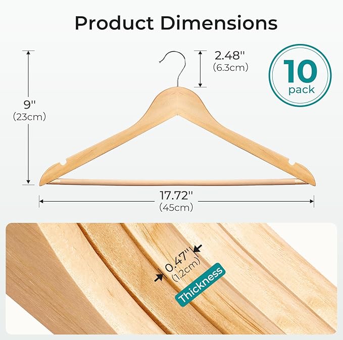 HOUSE DAY Premium Wooden Coat Hangers 10 Pack, Heavy Duty Solid Wood Clothes Hangers with 360° Swivel Hook & Pant Bar for Jackets, Dress, Shirts, Natural Wood Suit Hanger for Closet Organizer