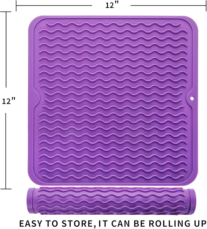 MicoYang Silicone Dish Drying Mat for Multiple Usage,Easy clean,Eco-friendly,Heat-resistant Silicone Mat for Kitchen Counter or Sink,Refrigerator or Drawer liner Purple M 12 inches x 12 inches