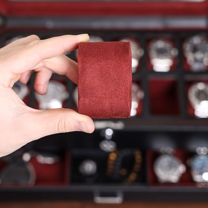 ROTHWELL 12 Slot Leather Watch Box with Valet Drawer - 12 Slot Luxury Watch Case Display Organizer, Microsuede Liner, Mens Accessories Holder, Jewelry Case, Jewelry Display Organizer (Black/Red)