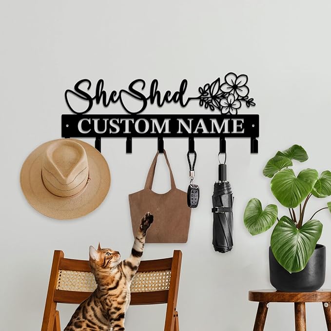 Personalized She Shed Metal Keys Hooks,Custom Name Metal She Shed Keys Hooks,Black Metal She Shed Wall Home Storage Decorative Keys Hooks,Key Holder Hooks for Wall (Style E)
