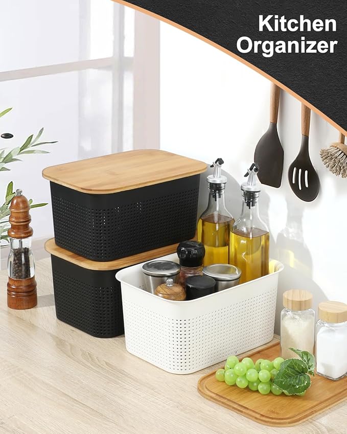 AREYZIN Plastic Storage Bins with Bamboo lids and Stackable Storage Baskets for Shelves - Organize Your Home or Office with These Space-Saving Storage Solution,6 Pack,White
