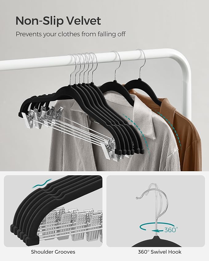 SONGMICS 20-Pack Pants Hangers, 16.7-Inch Long Velvet Hangers with Adjustable Clips, Heavy-Duty, Non-Slip Skirt Hangers, Space-Saving for Pants, Skirts, Coats, Dresses, Black UCRF012B20