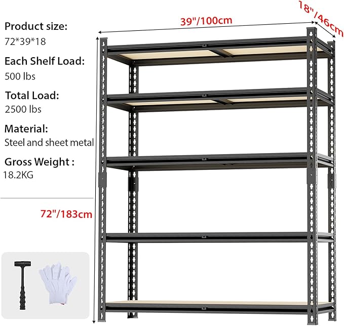CXDMB 5 Tier Garage Shelving, 2500 LBS Adjustable Heavy Duty Garage Shelves,Metal Storage Shelves Unit for Basement,Warehouse,Pantry Kitchen