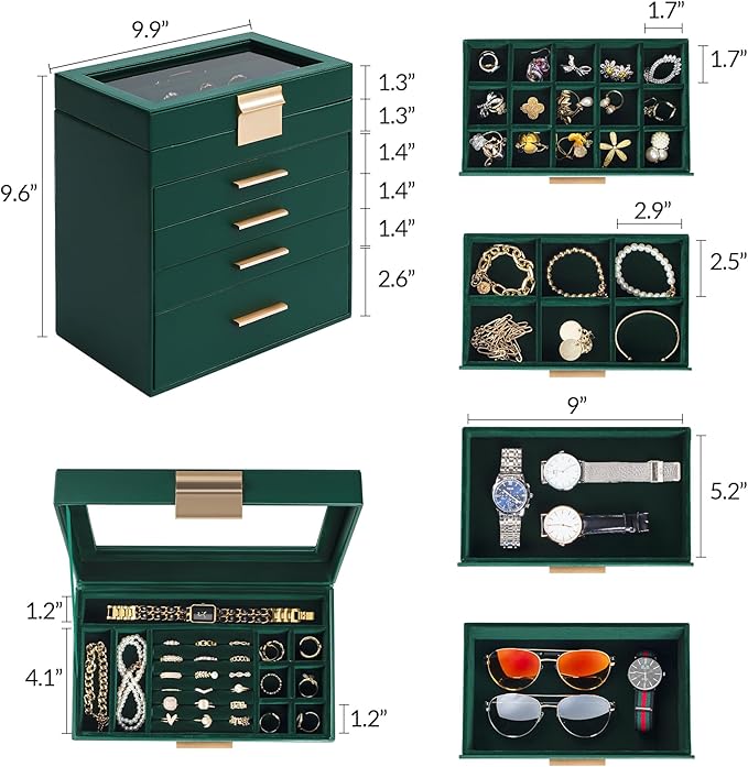 Jewelry Box, 5 Layers Jewelry Storage Display Box with Glass Lid for Women, 4 Drawers,Large Capacity for Necklace Earrings Bracelets Rings, Green