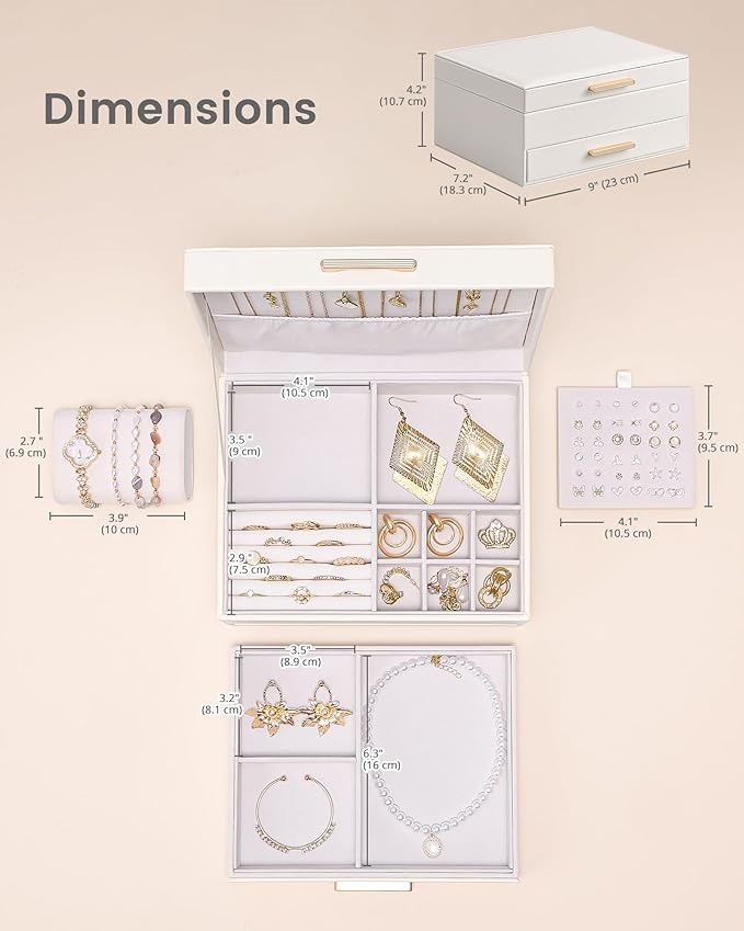 Lolalet 2-Layer Jewelry Boxes Organizer for Women Girls, Jewelry Storage Case Holder with Drawers for Necklaces Rings Earrings Bracelets Watches, Gifts Choice for Girlfriend Wife -Beige