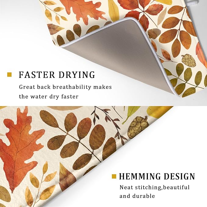 Fall Dish Drying Mat for Kitchen Counter 24x18 Inch Watercolor Autumn Maple Leaf Drying Mat with Absorbent Reversible Microfiber Dish Drainer Mats Rack Pad for Coffee Bar Countertop Protector