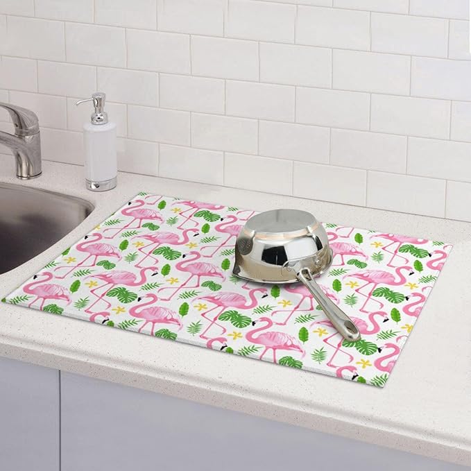 Pink Flamingo Leaf Dish Drying Mat 18x24 For Kitchen Counter Absorbent Microfiber Dishes Pad Dish Drainer Rack Mats Fast Dry Kitchen Accessories