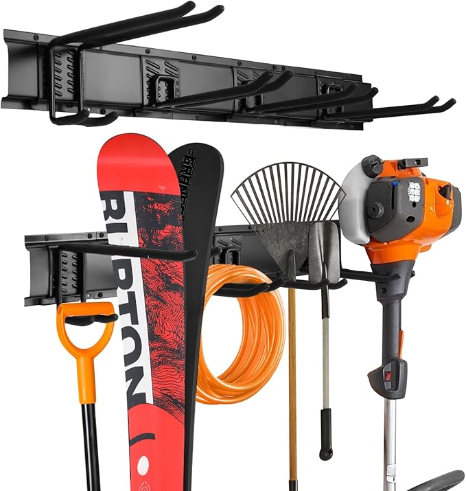 32‘’/48‘’ Garage Storage, Garage Organization, Garden Tool Organizer Wall Mount, 420lbs Adjustable Heavy Duty Metal Hanging Hooks, Yard Rack Hanger System Shovel Rake Broom Ladder Holder, Men Gift