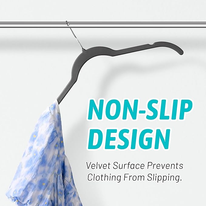 Sishynio Premium Velvet Hangers 50 Pack - Space-Saving Closet Organizer for Clothes, Non-Slip Flocked Design, Ideal for Shirts and Coats (Black)