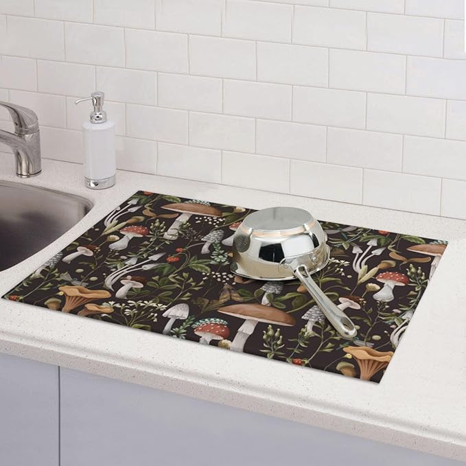 Cute Mushroom Dish Drying Mat For Kitchen Counter 18 X 24 In, Microfiber Absorbent Dish Drainer Mat With Hanging Loop Reversible Dish Drainer Mats Countertops Protector Pad (Vintage Dark Forest )