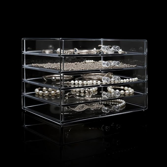 Clear Acrylic Jewelry Storage Box, Earring Jewelry Organizer with 5 Drawers, 5-Layer Jewelry Box for Women, Earring Display Holder for Earrings Ring Bracelet Necklace Transparent Display Storage Case