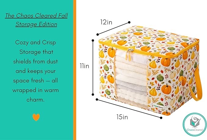 Canvas Storage Bags Designer Organizer 2 Pack – Seasonal Storage for Sweaters, Blankets, Linens & Garments – Foldable Design with Zip & Window, Moth-Proof Space Saver, Pumpkin Print