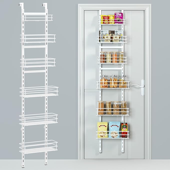 Purdaz Adjustable 6-Tier Over the Door Pantry Organizer, Spice Rack, Narrow Hanging Shelf for Kitchen Storage and Organization (White)