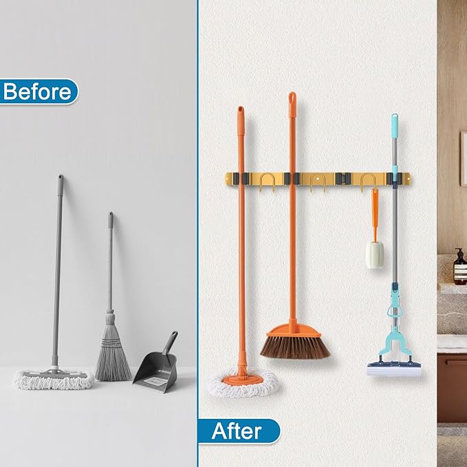 Mop Broom Holder Wall Mount, 2 Packs Gold Stainless Steel Tool Storage Organizer for Kitchen Garden Garage Laundry Room Bathroom and RV with 4 Slots 6 Hooks