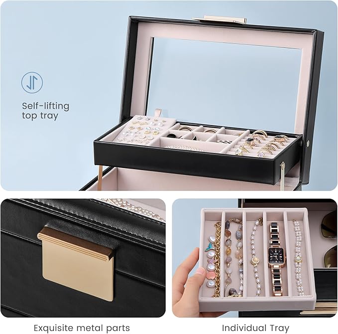 Lolalet Jewelry Box, Clear Window Jewelry Organizer with Drawer for Earrings Bracelets Necklaces Rings, Jewelry Storage for Women -Black, 3 Layers
