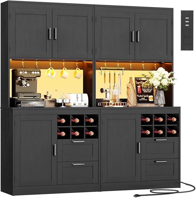 Unikito 72" Tall Pantry Cabinet, Kitchen Pantry Storage Cabinet with LED Light & Outlet, 63" Wide Kitchen Hutch Bar with Microwave Stand, Drawers, Wine Rack & Shelves, Cupboard for Dining Room, White