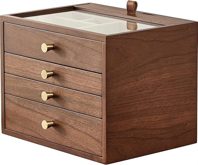 Homruilink Black Walnut Wooden Jewelry Box for Women 4 Layer with Glass Lid and Pull-out Necklace Storage Layer Watch Necklace Ring Earring Storage,Valentine's Day Gifts