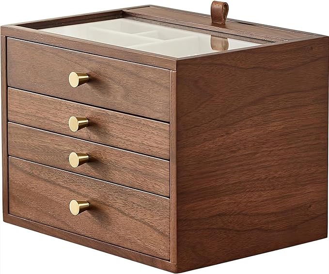 CHOSIN Black Walnut Wooden Jewelry Box for Women, Wood Jewelry Organizer 4 Layer with Glass Lid and Pull-out Necklace Storage Layer, for Watch Necklace Ring Earring Storage Valentine's Day Gifts