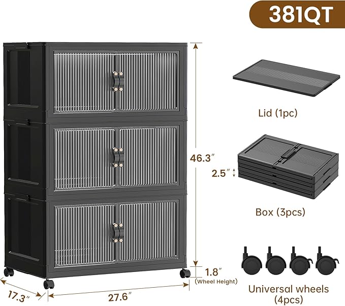 SAILUN 381Qt Extra Large Stackable Storage Bins Folding Collapsible Storage Bins with Lid, Closet Organizers and Storage Box with Door Black 28" W x 17" D x 46" H