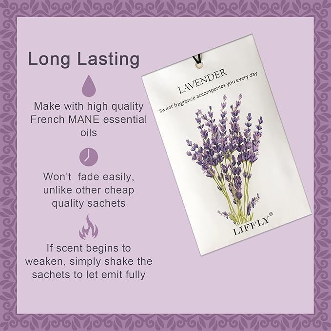 LIFFLY 14 Packs Scented Sachets for Drawers and Closets Lavender, Rose, Jasmine, Ocean, Vanilla, Sandalwood, Gardenia 7 Scent (Lavender)