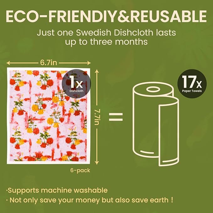 Yelasenari Swedish Dishcloths for Kitchen Reusable 6 Pack Kitchen Towels No Odor Quick-Drying Reusable Paper Towels Reusable Paper Towels Washable for Countertop, Sink, and Kitchen Rose