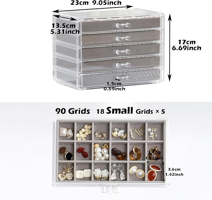 Jewelry Organizer with 5 Drawers Clear Acrylic Earring Display Case Velvet Jewelry Storage Box Display Holder for Earring Ring Bracelet Necklace (Gray, 90 Grids)