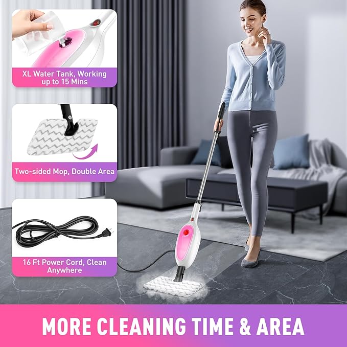 Steam Mop, Detachable Handheld Steam Cleaner with 10-in-1 Multipurpose Accessories, Two-sided Mop, Double Cleaning Area, Multi Surfaces Steamer for Wood Floor, Tile, Window, Clothes, Furniture & Grout
