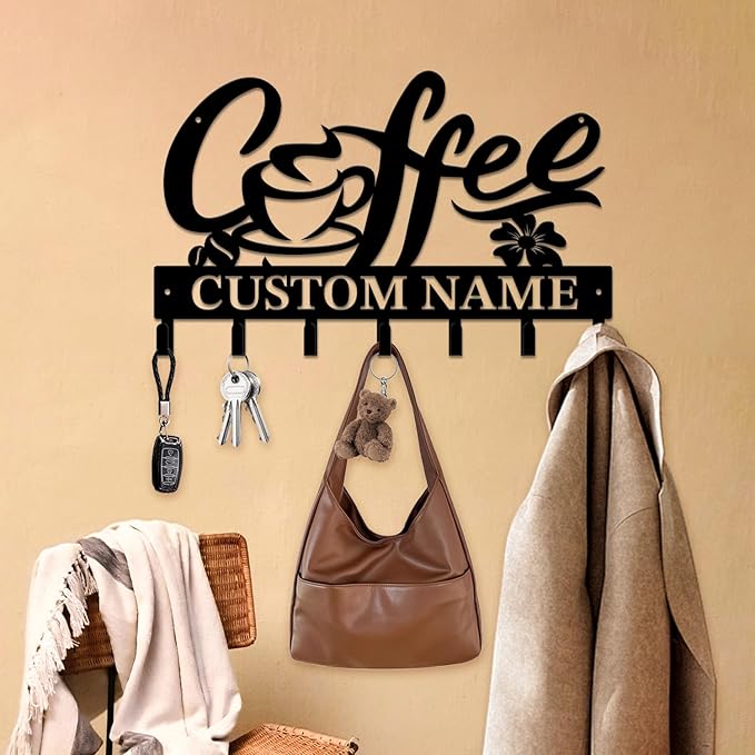 Personalized Custom Name Coffee Bar Wall Keys Hooks,Metal Coffee Shop Art Clothes Hooks,Metal Coffee Lover Wall Home Storage Decorative,For Front Door, Hallway, Kitchen, Bedroom,Keys,Hats (Style F)