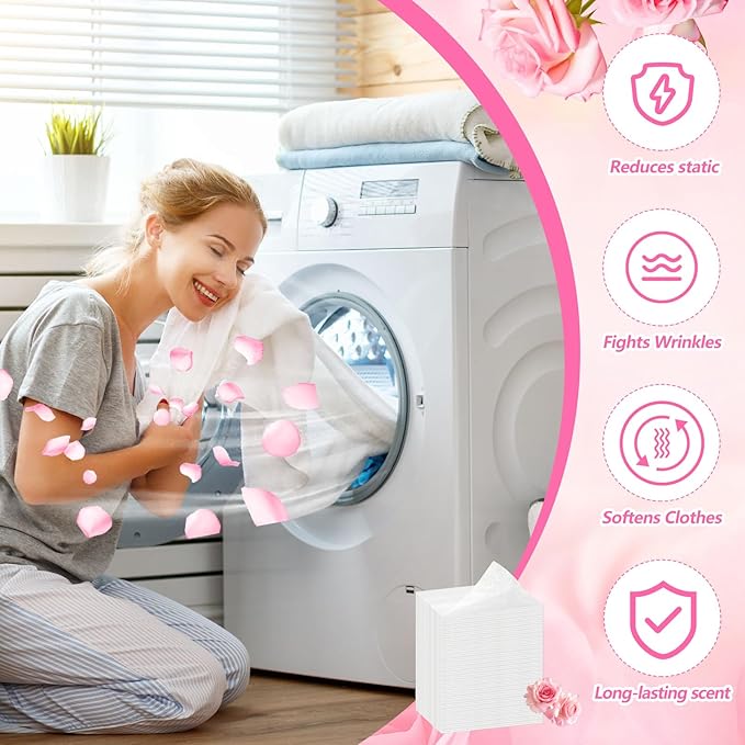 Heigble 600 Count Dryer Sheets Bulk Fabric Softener Rose Scent Dryer Sheets Naturally Softens and Removes Static Cling, Ideal for Large Households, Sensitive Skin
