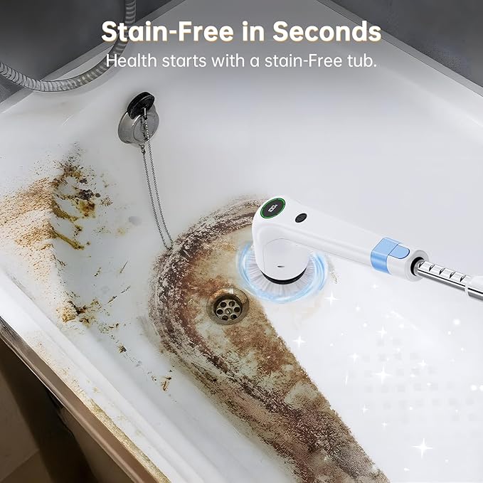 PUFTEM Electric Spin Scrubber, Cordless Shower Scrubber with 8 Scrub Brush, 2 Speed with Adjustable Extension Handle, Battery Level Display, Power Scrubber for Bathroom Bathtub Tile Floor, White