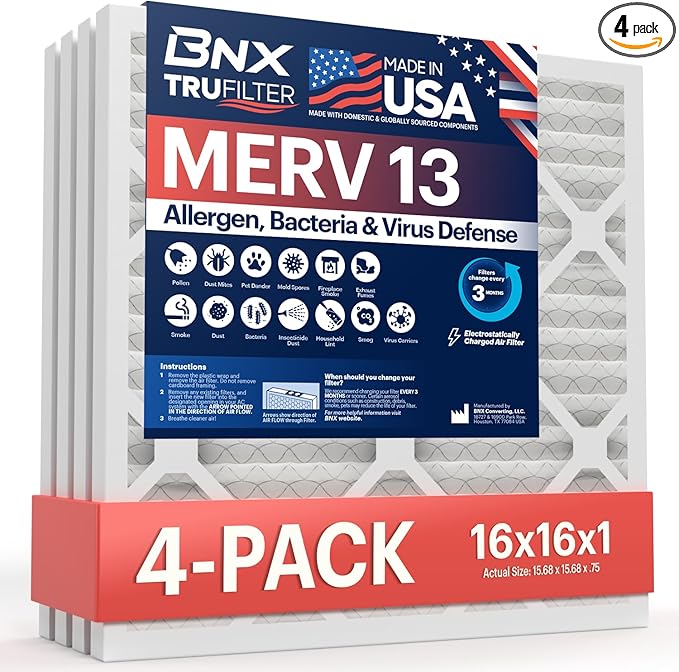 BNX TruFilter 16x16x1 Air Filter MERV 13 (4-Pack) - MADE IN USA - Electrostatic Pleated Air Conditioner HVAC AC Furnace Filters for Allergies, Pollen, Mold, Bacteria, Smoke, Allergen, MPR 1900 FPR 10