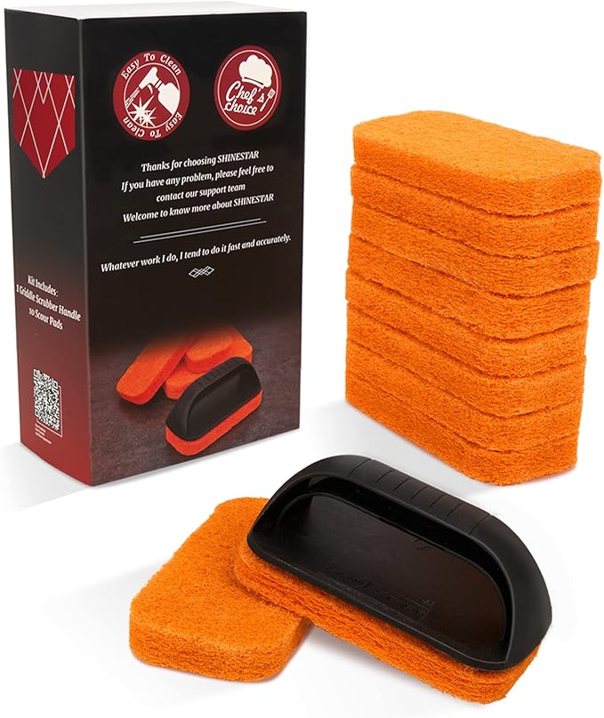 SHINESTAR 11-Piece Griddle Scouring Pad for Blackstone, Flat Top Grill Cleaner for Kitchen, Griddle Cleaning Kit with 10 Grill Scrubber Pads & 1 Handle, Efficient Cleaning & Not Easily Fall Off