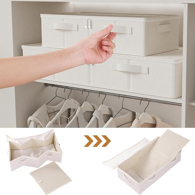 ENUMAIL Underbed Storage Bins Drawer, Foldable Under Bed Boxes, Fabric Closet Container with Lid for Organizing Clothes, Sheets, Blankets, Comforter, 31.4x15.7x5.9in, Beige, 3 Pack
