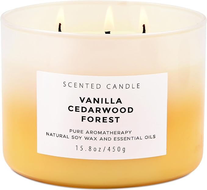 Vanilla Cedarwood Candle 3 Wick Soy Candles for Home Scented, Large 15.8oz Warm Cozy Vanilla Cedar Woods, Relaxing Aromatherapy Candle, Long Lasting Clean Burn, Living Room Bedroom Spa Gift