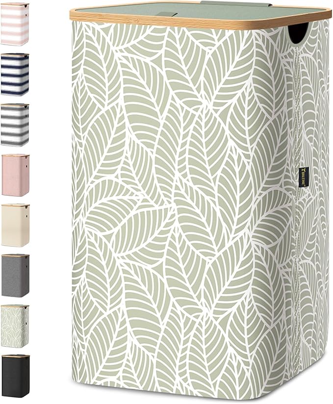 BALEINE Laundry Hamper with Lid, Tall Laundry Baskets with Bamboo Pull Handles, Large Laundry Bin with Internal Support (26 Gal/100L, Antique Foliage)